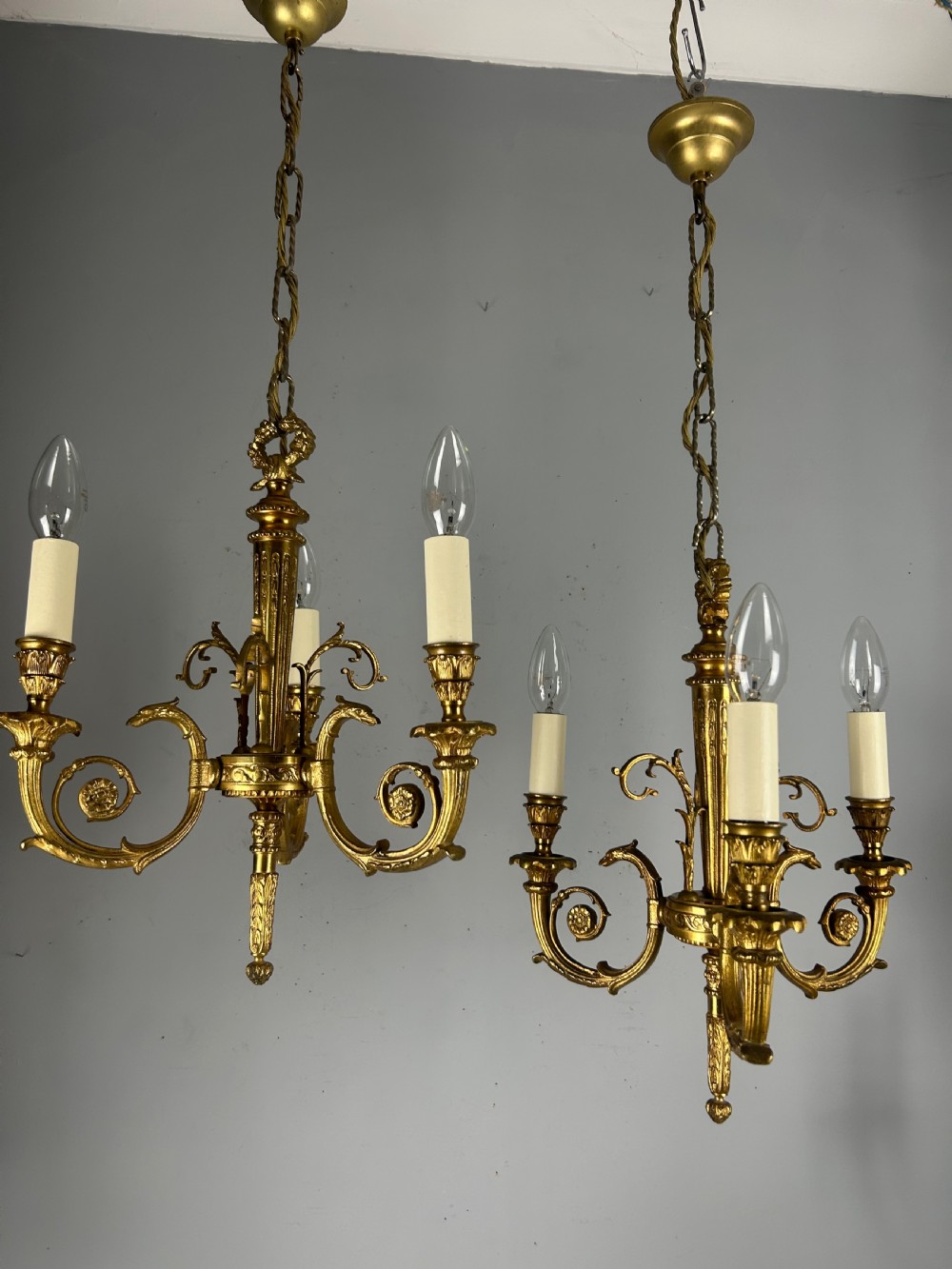 Pair of 3 Light Gilt Brass French Empire Chandeliers, Ceiling Lights, Rewired  View XI