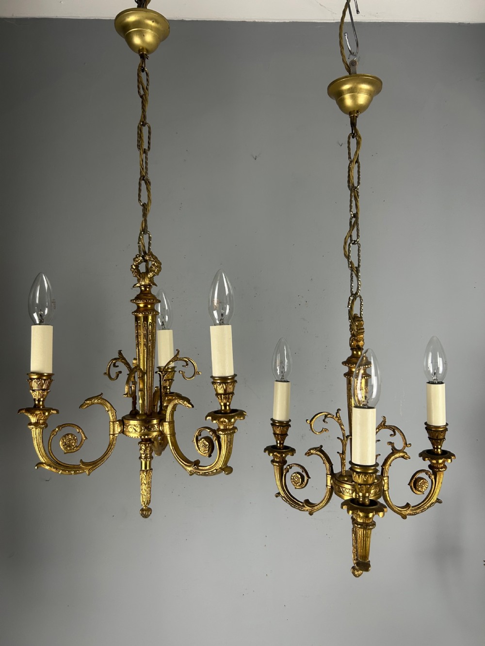 Pair of 3 Light Gilt Brass French Empire Chandeliers, Ceiling Lights, Rewired  View XII