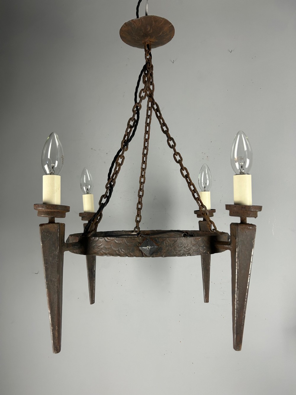 Rustic French Forged Farmhouse 4 Light Chandelier, Ceiling Light, Rewired 