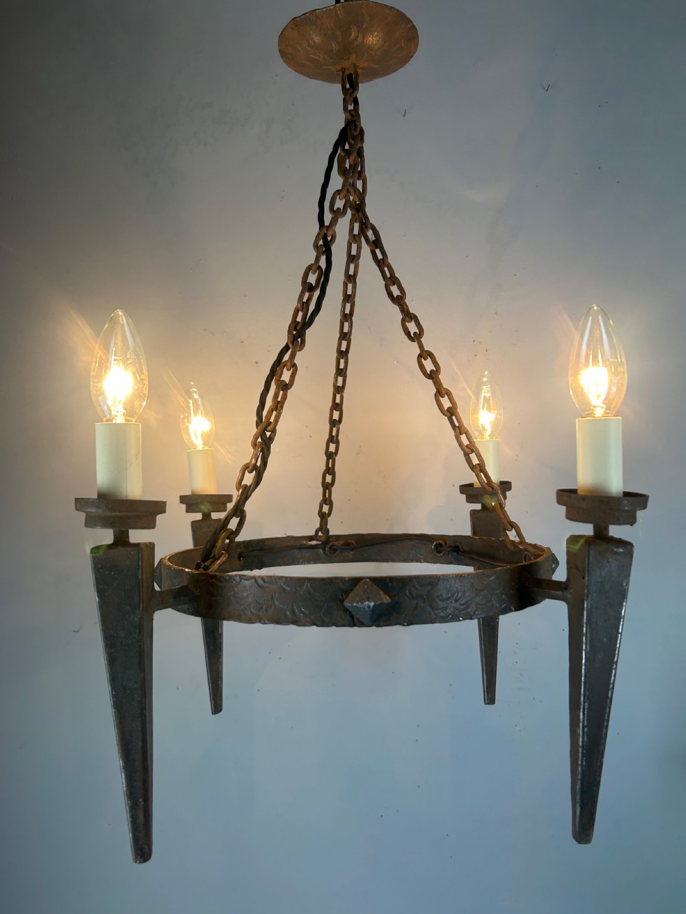 Rustic French Forged Farmhouse 4 Light Chandelier, Ceiling Light, Rewired  View II