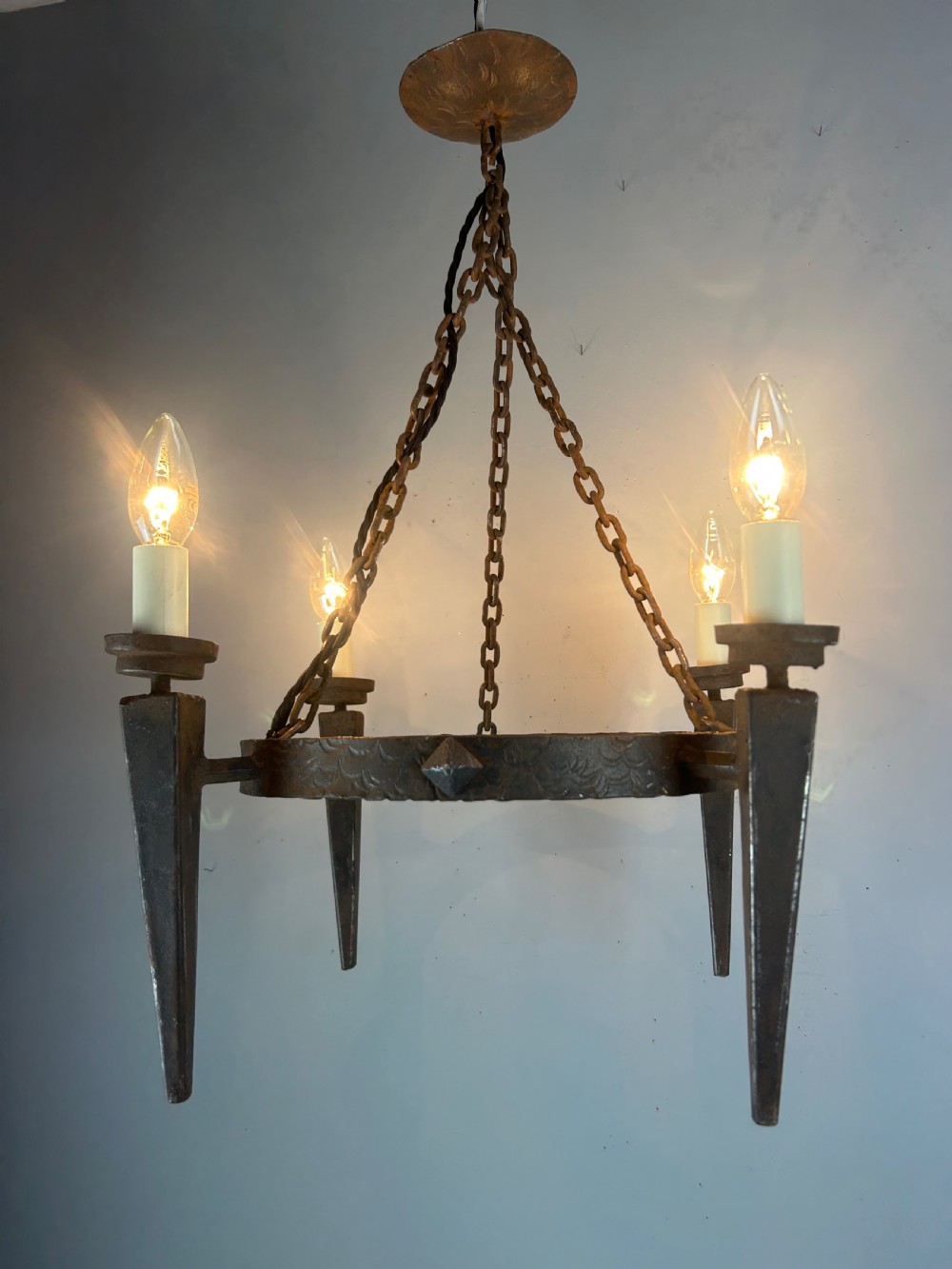 Rustic French Forged Farmhouse 4 Light Chandelier, Ceiling Light, Rewired  View III