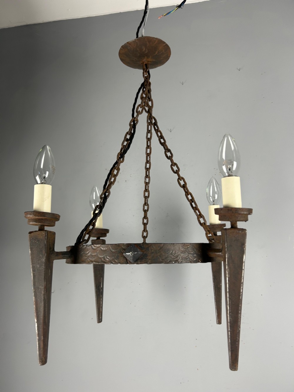 Rustic French Forged Farmhouse 4 Light Chandelier, Ceiling Light, Rewired  View IX