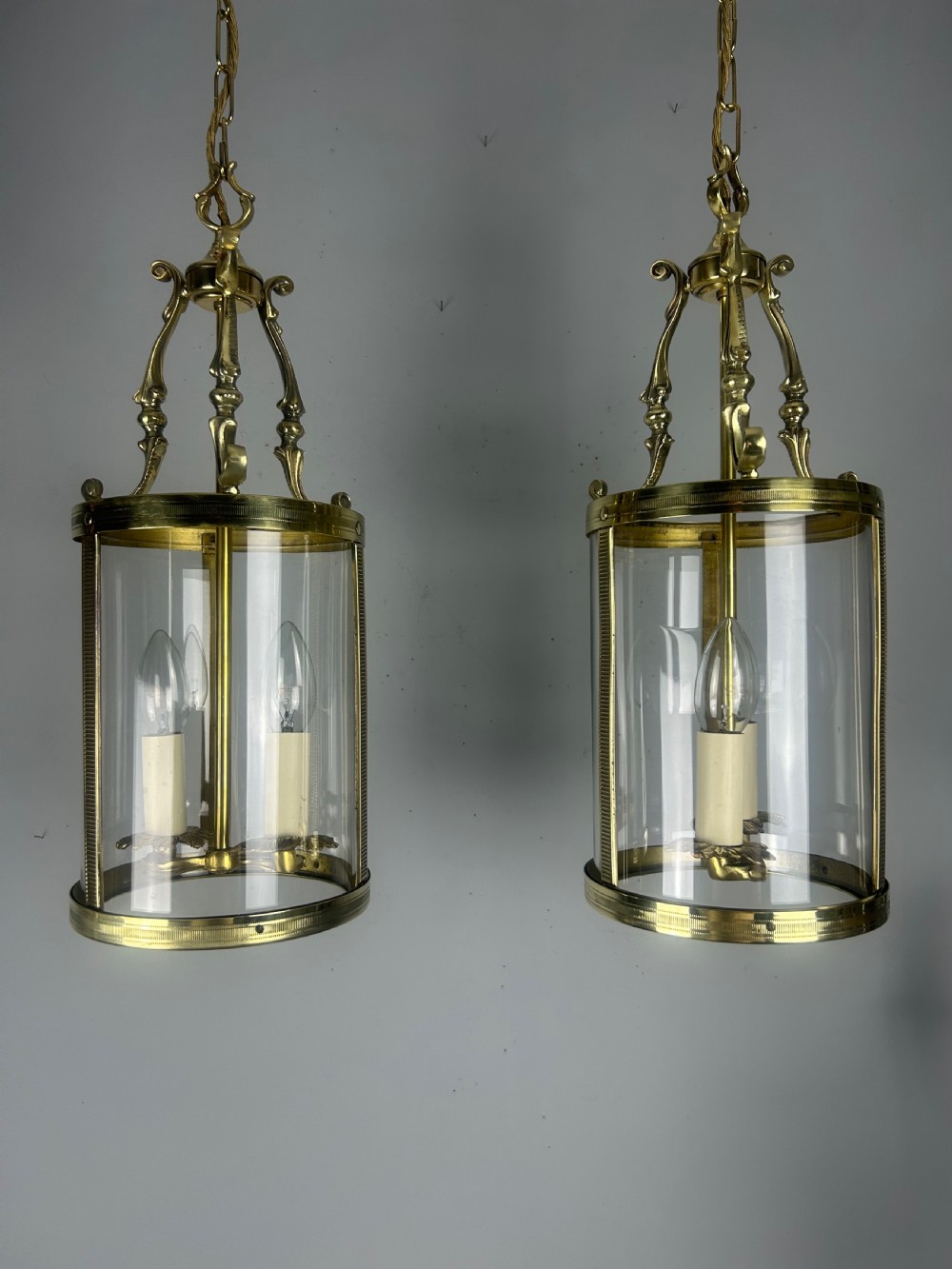 Pair Of French Polished Brass Twin Light Convex Lanterns, Rewired