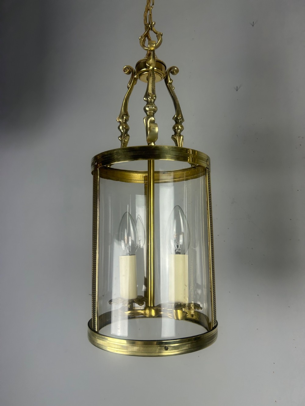 Pair Of French Polished Brass Twin Light Convex Lanterns, Rewired View III