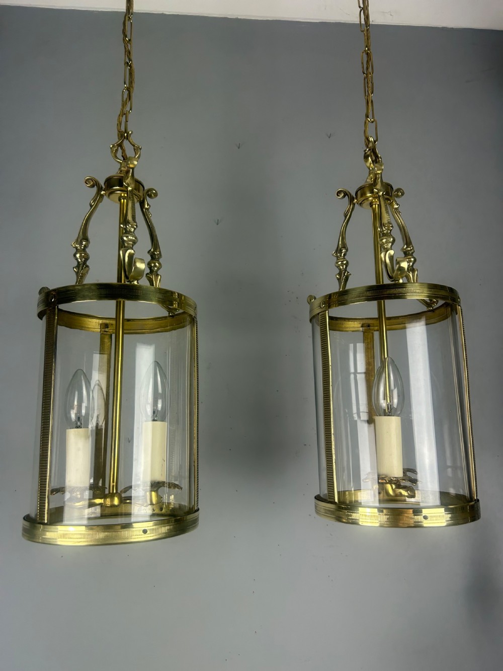 Pair Of French Polished Brass Twin Light Convex Lanterns, Rewired View IV