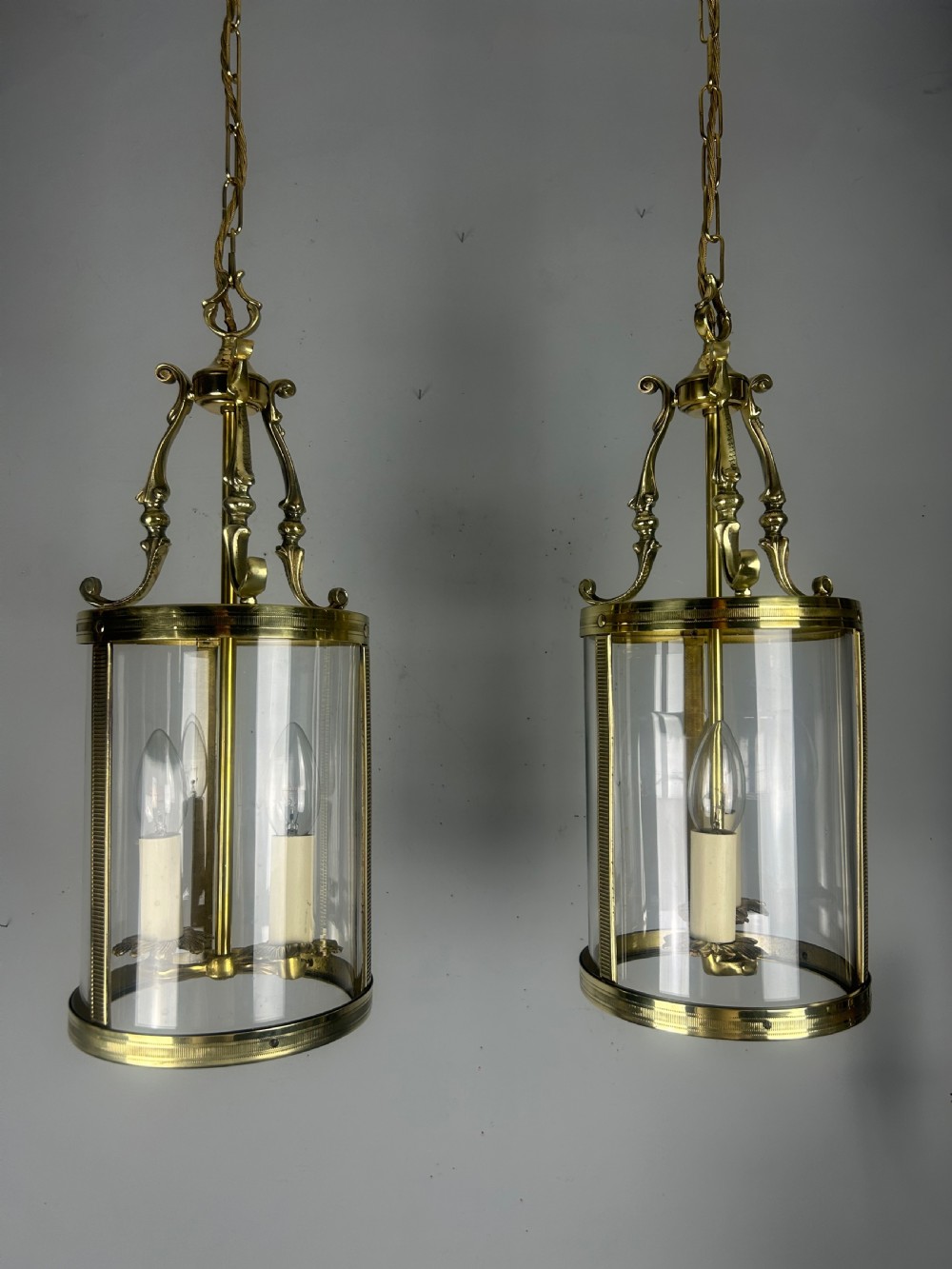 Pair Of French Polished Brass Twin Light Convex Lanterns, Rewired View V