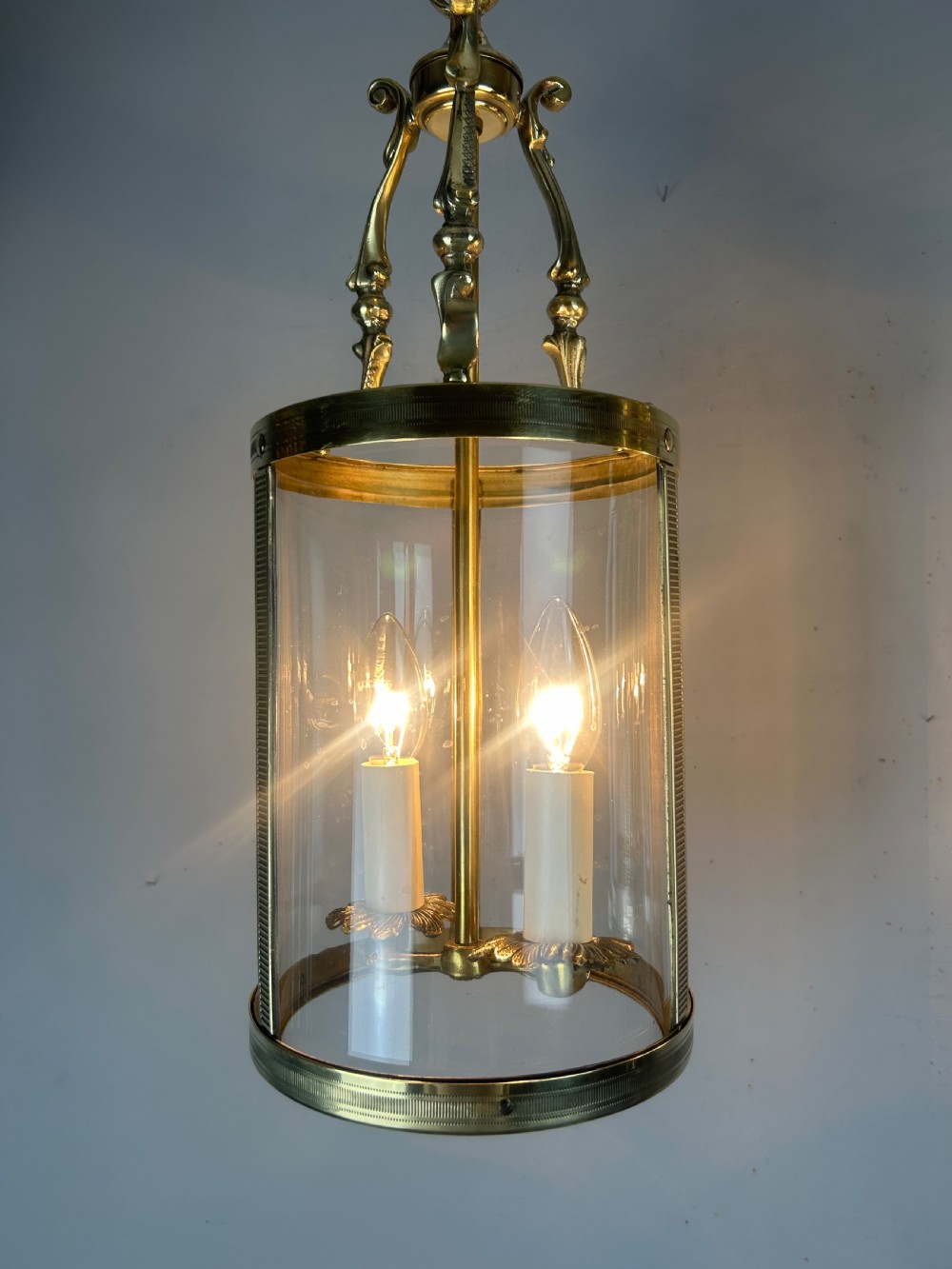 Pair Of French Polished Brass Twin Light Convex Lanterns, Rewired View VIII