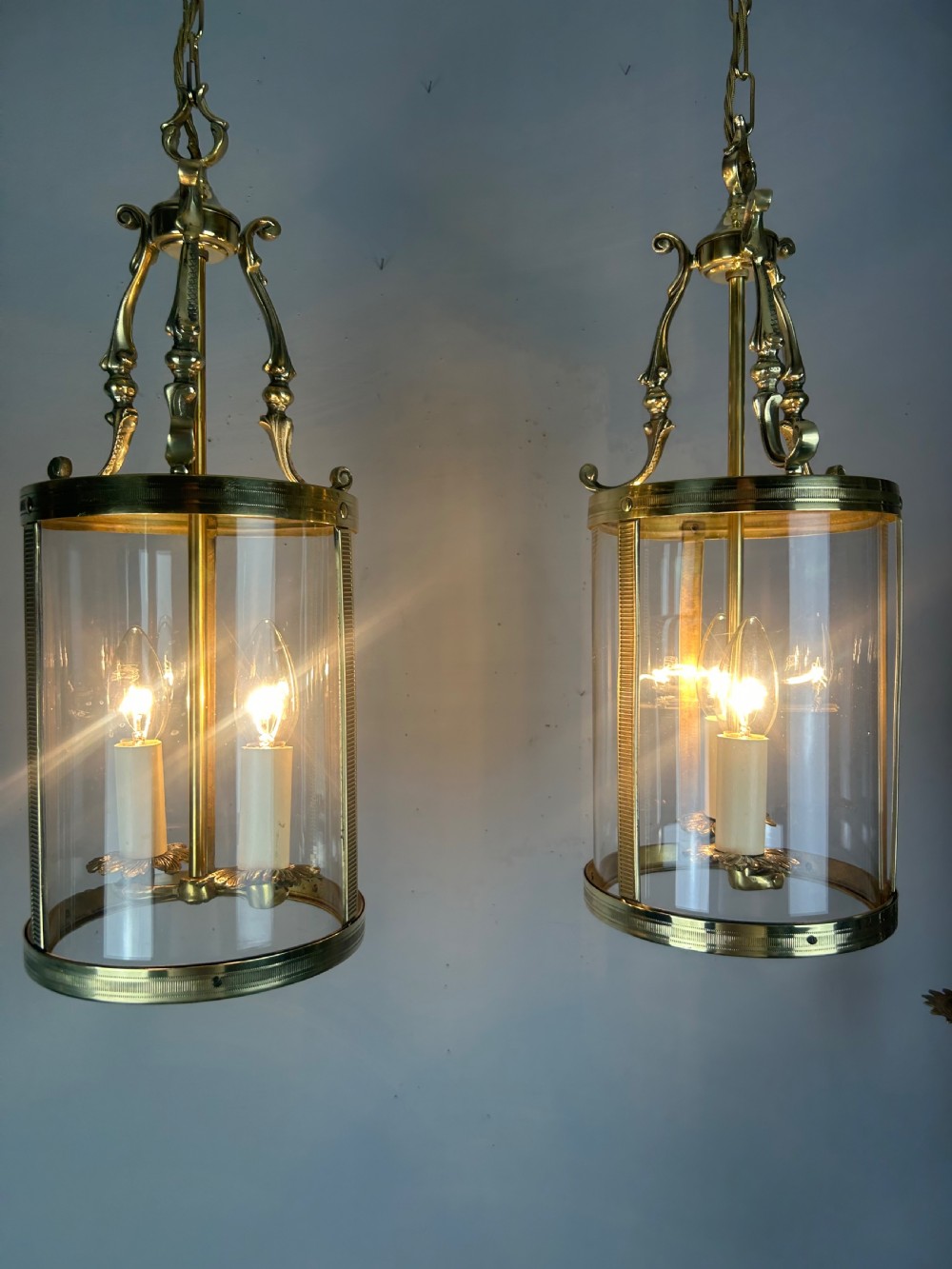 Pair Of French Polished Brass Twin Light Convex Lanterns, Rewired View IX