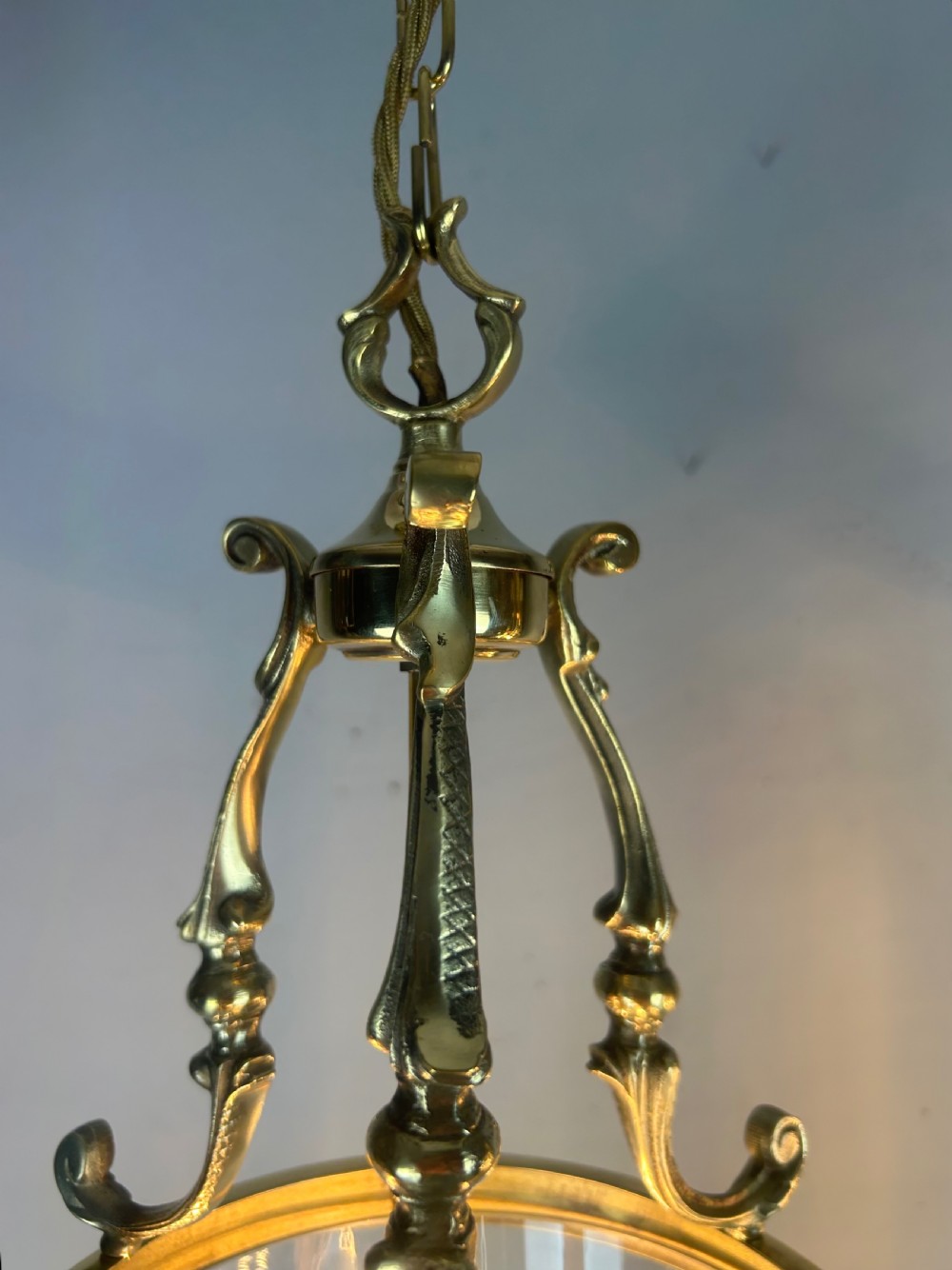 Pair Of French Polished Brass Twin Light Convex Lanterns, Rewired View X