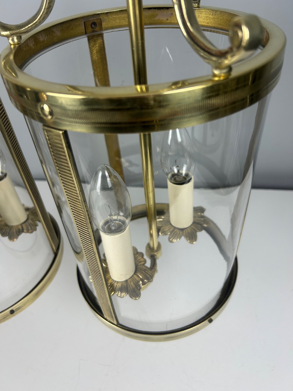 Pair Of French Polished Brass Twin Light Convex Lanterns, Rewired View XI