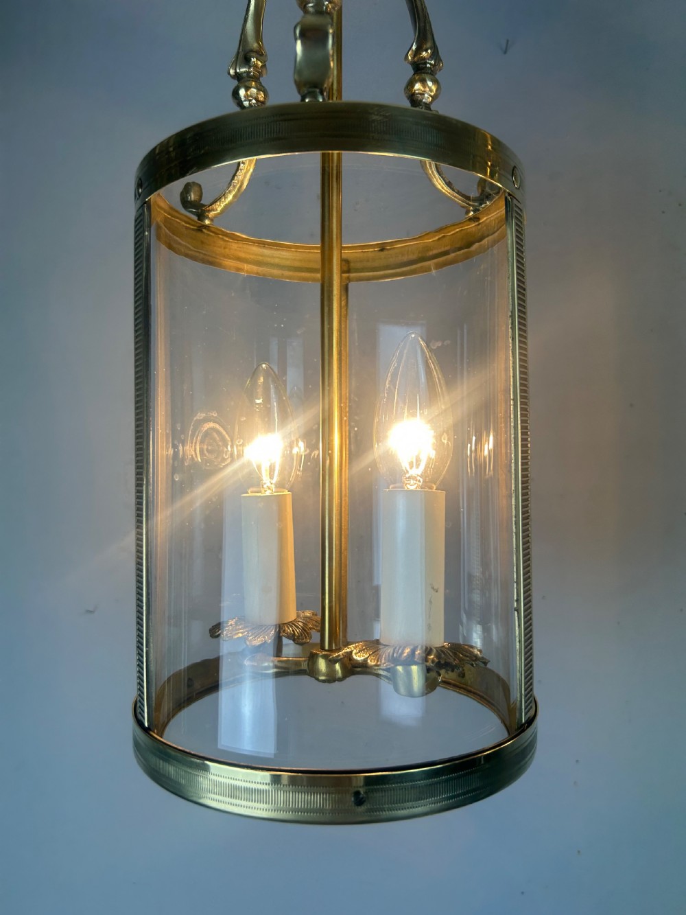Pair Of French Polished Brass Twin Light Convex Lanterns, Rewired View XIV