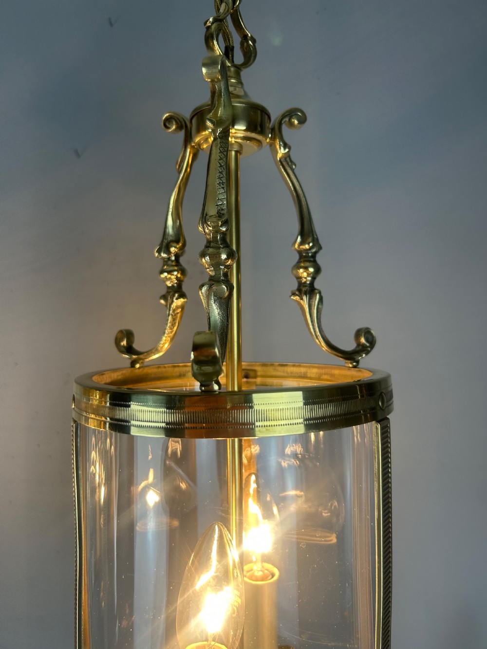 Pair Of French Polished Brass Twin Light Convex Lanterns, Rewired View XVI