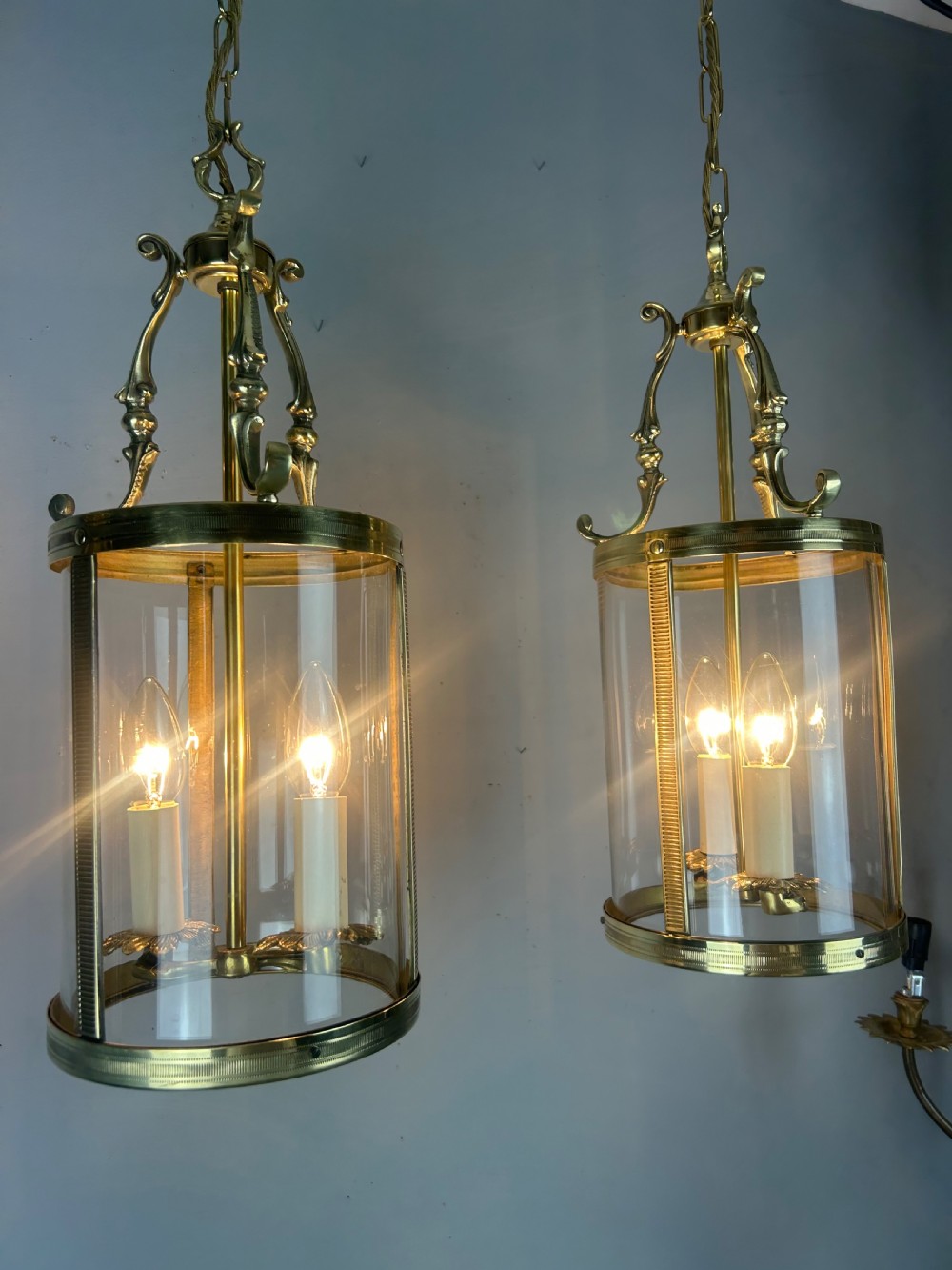 Pair Of French Polished Brass Twin Light Convex Lanterns, Rewired View XVII