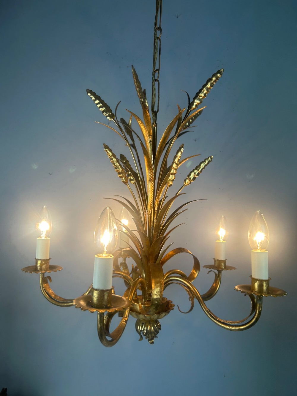 Italian Gilt Wheatsheaf Hollywood 5 Light Chandelier  View II