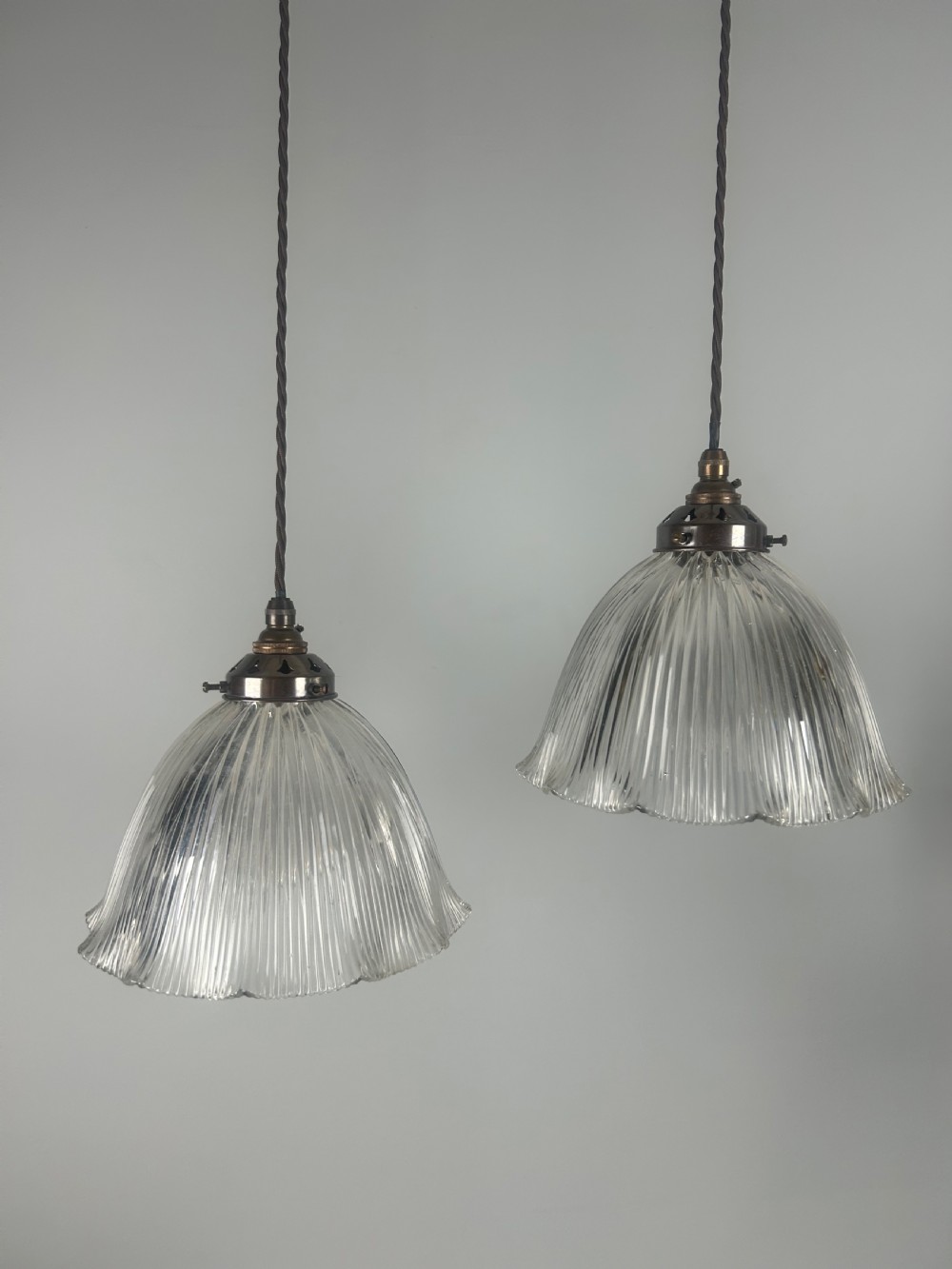 Pair of Holophane Pendant Ceiling Lights With Original Shade