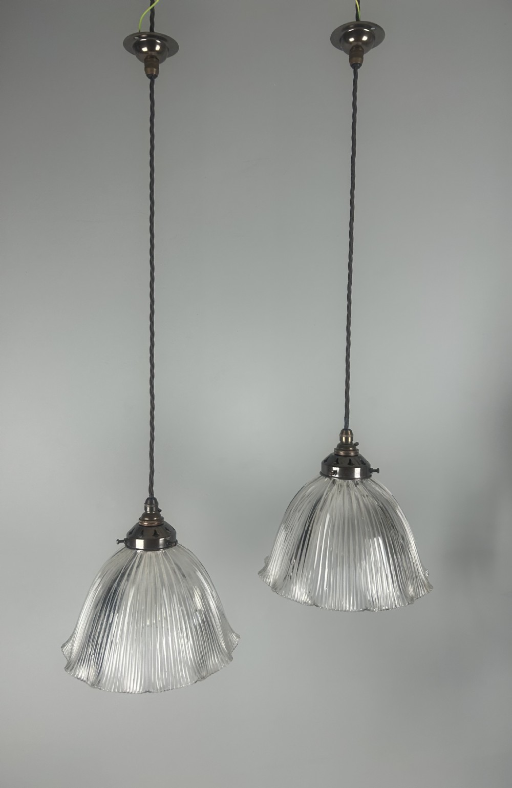 Pair of Holophane Pendant Ceiling Lights With Original Shade View V