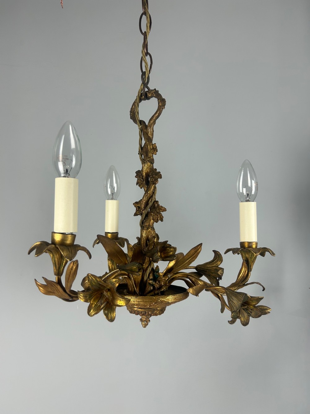 French Ornate 3 Arm Chandelier, Ceiling Light, Rewired 