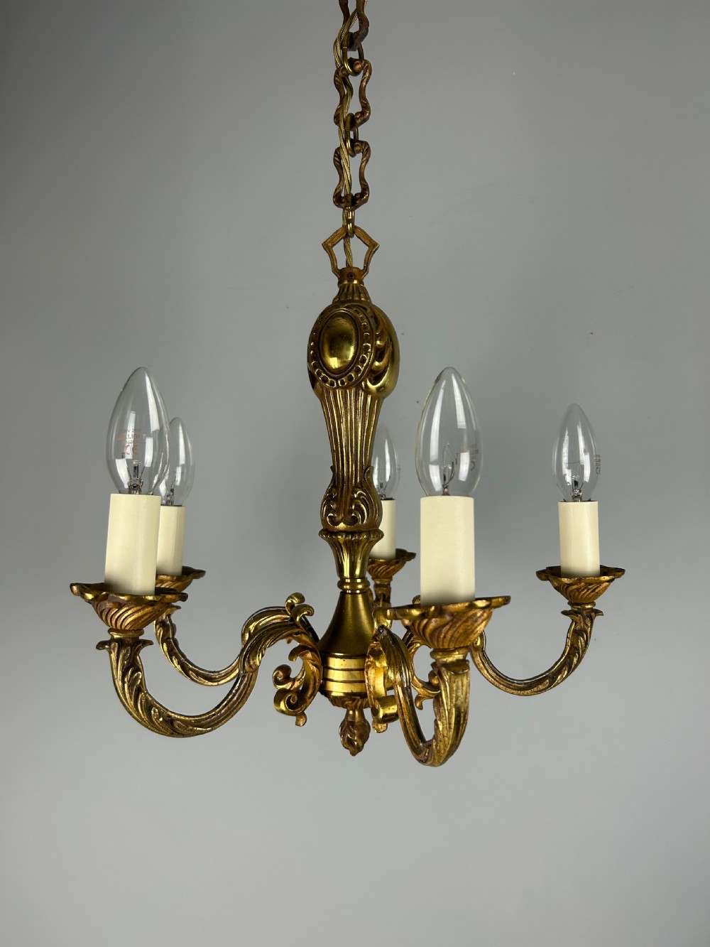 French Gilt Brass 5 Light Chandelier, Ceiling Light