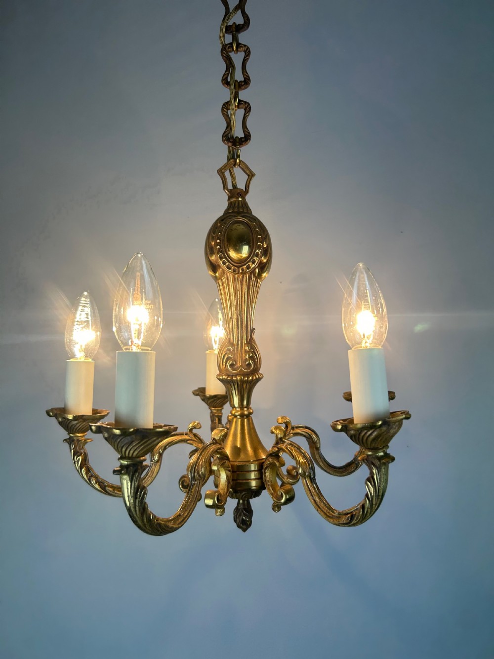 French Gilt Brass 5 Light Chandelier, Ceiling Light View II