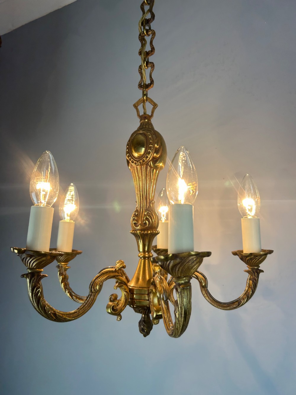 French Gilt Brass 5 Light Chandelier, Ceiling Light View III
