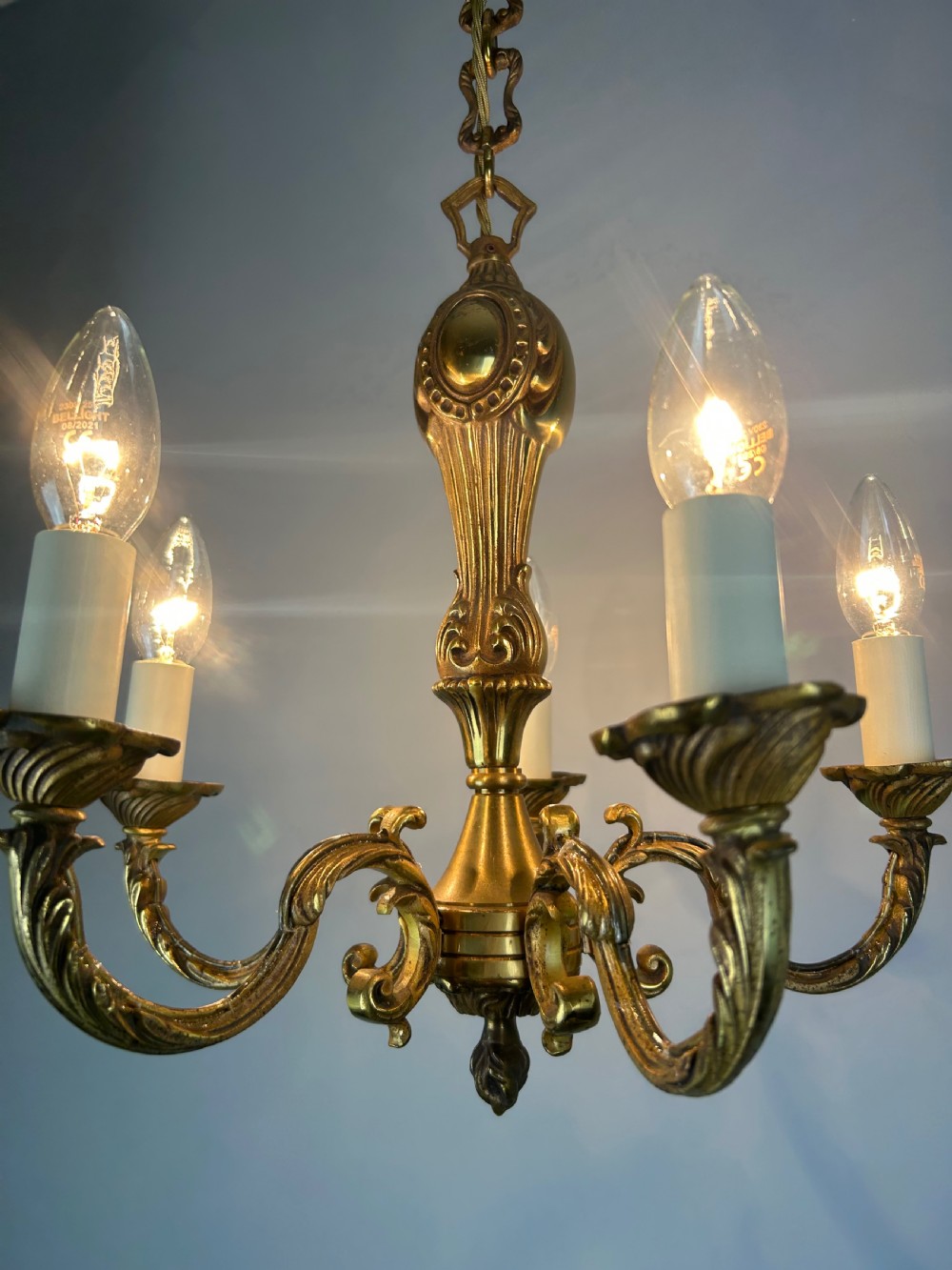 French Gilt Brass 5 Light Chandelier, Ceiling Light View IV