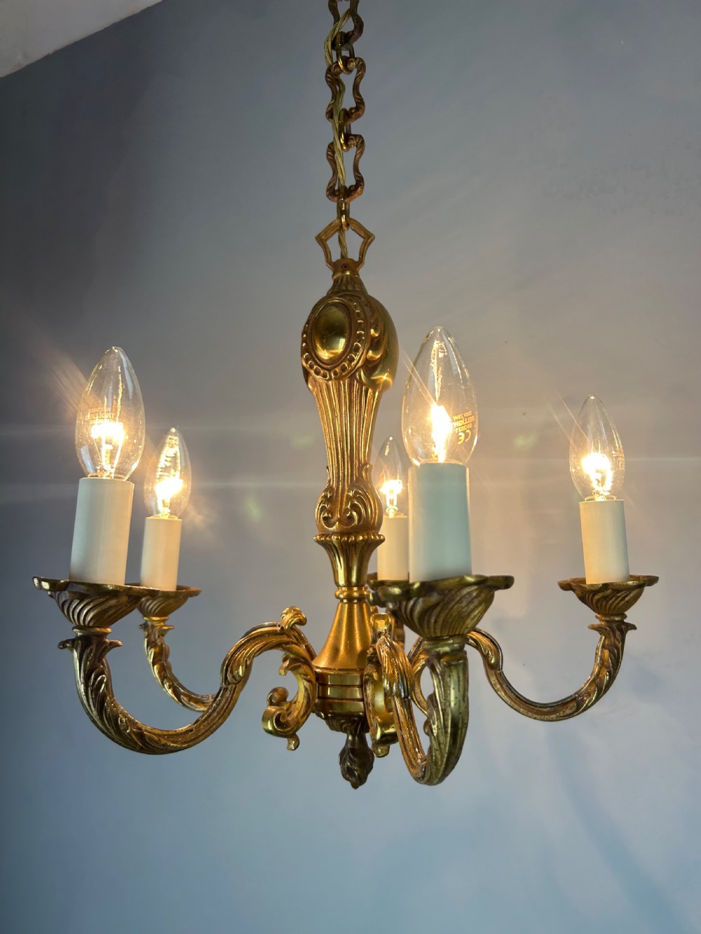 French Gilt Brass 5 Light Chandelier, Ceiling Light View V