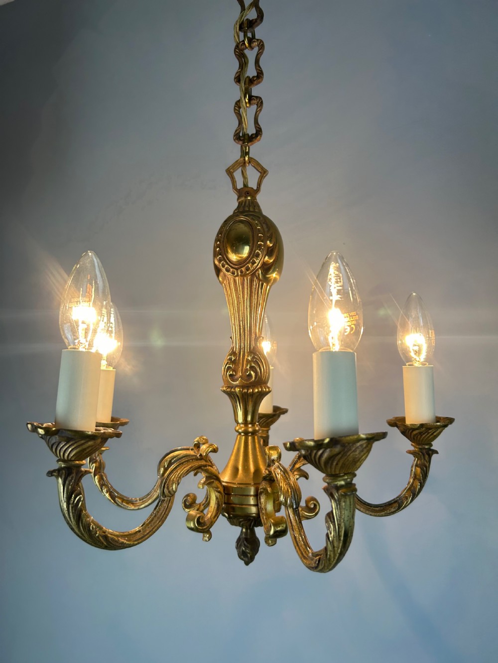 French Gilt Brass 5 Light Chandelier, Ceiling Light View VI