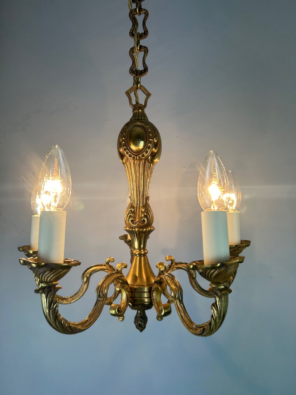 French Gilt Brass 5 Light Chandelier, Ceiling Light View VII