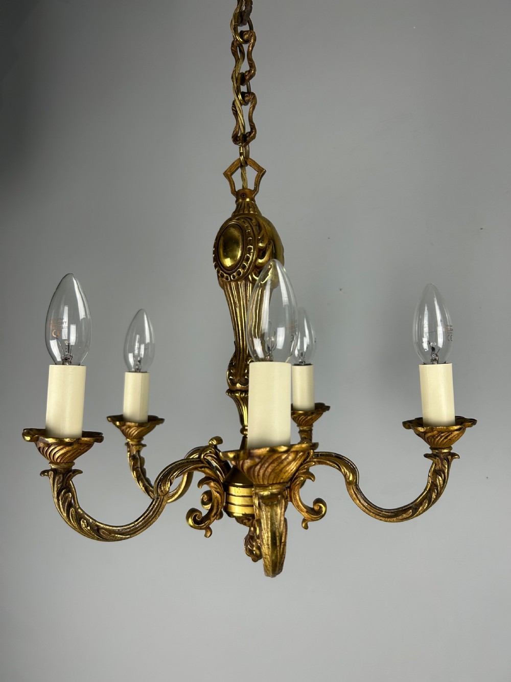 French Gilt Brass 5 Light Chandelier, Ceiling Light View IX