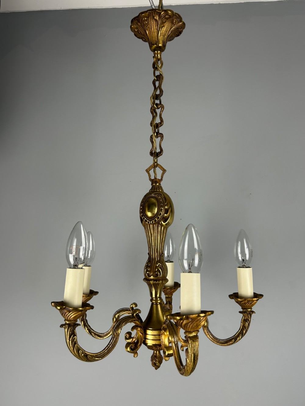 French Gilt Brass 5 Light Chandelier, Ceiling Light View XI