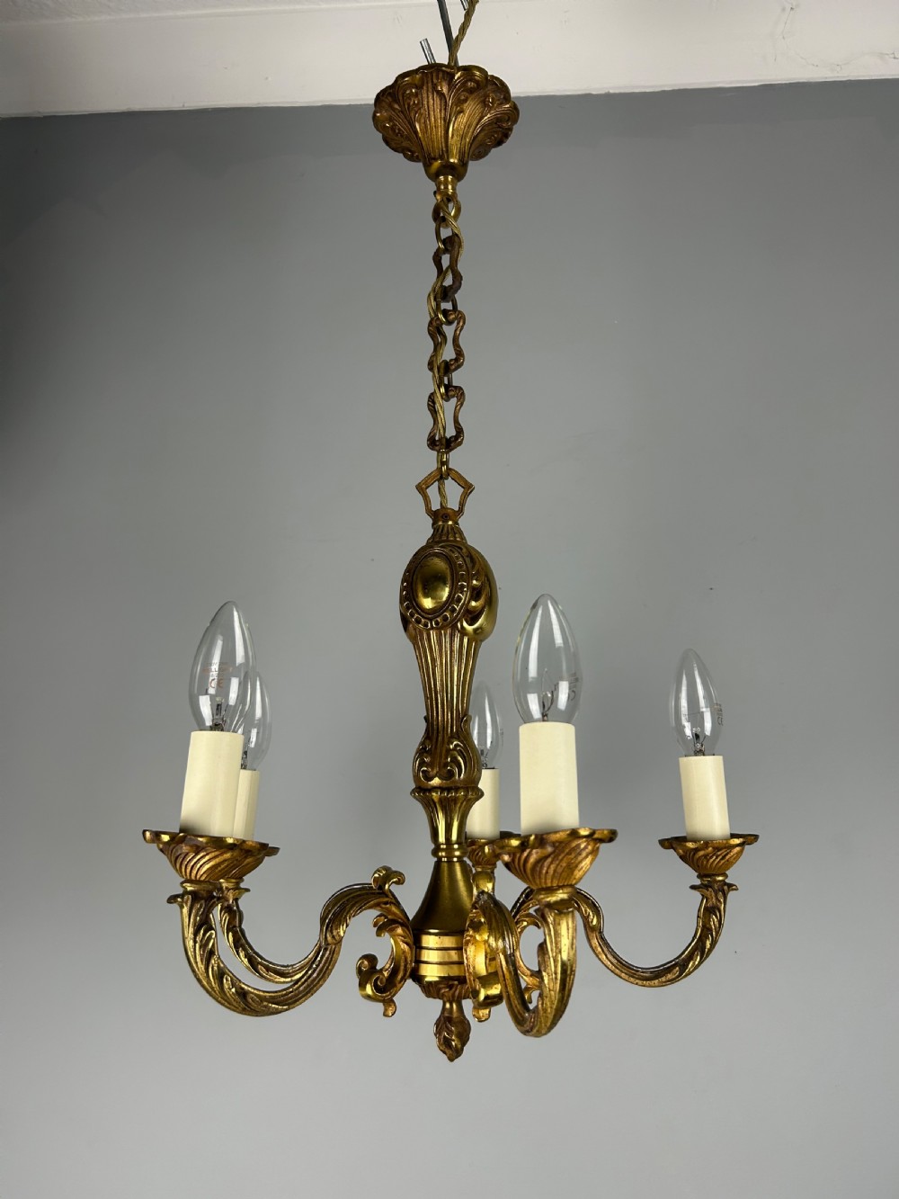 French Gilt Brass 5 Light Chandelier, Ceiling Light View XII
