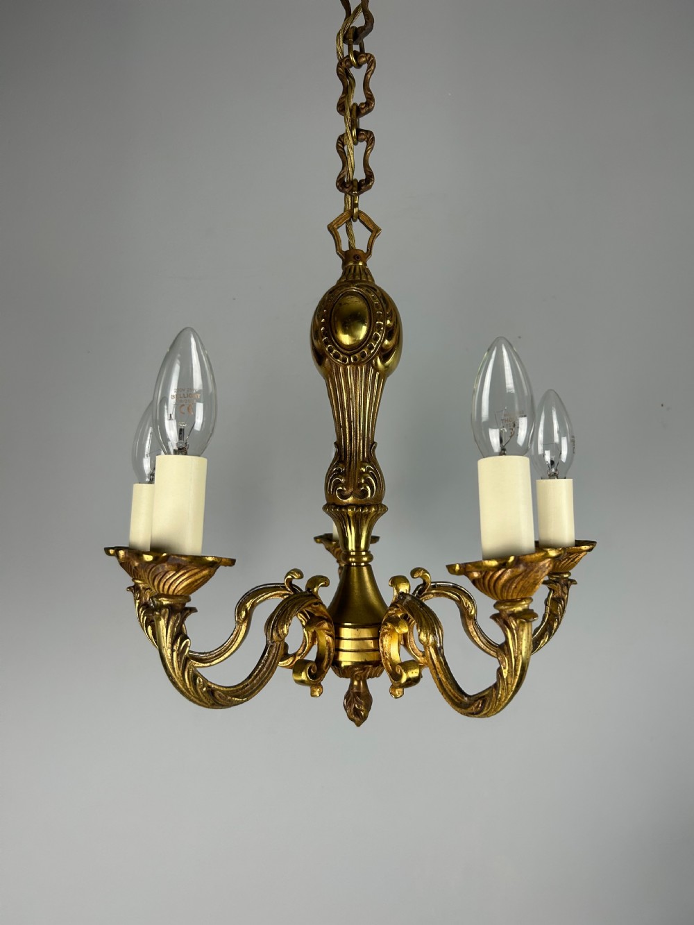 French Gilt Brass 5 Light Chandelier, Ceiling Light View XIV