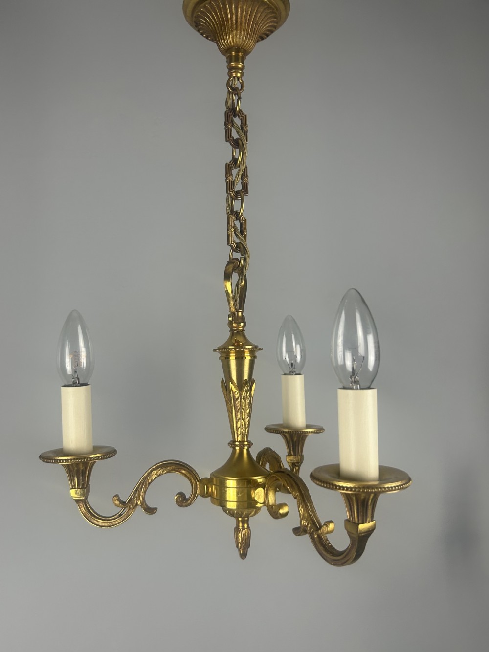 French 3 Light Gilt Brass Chandelier