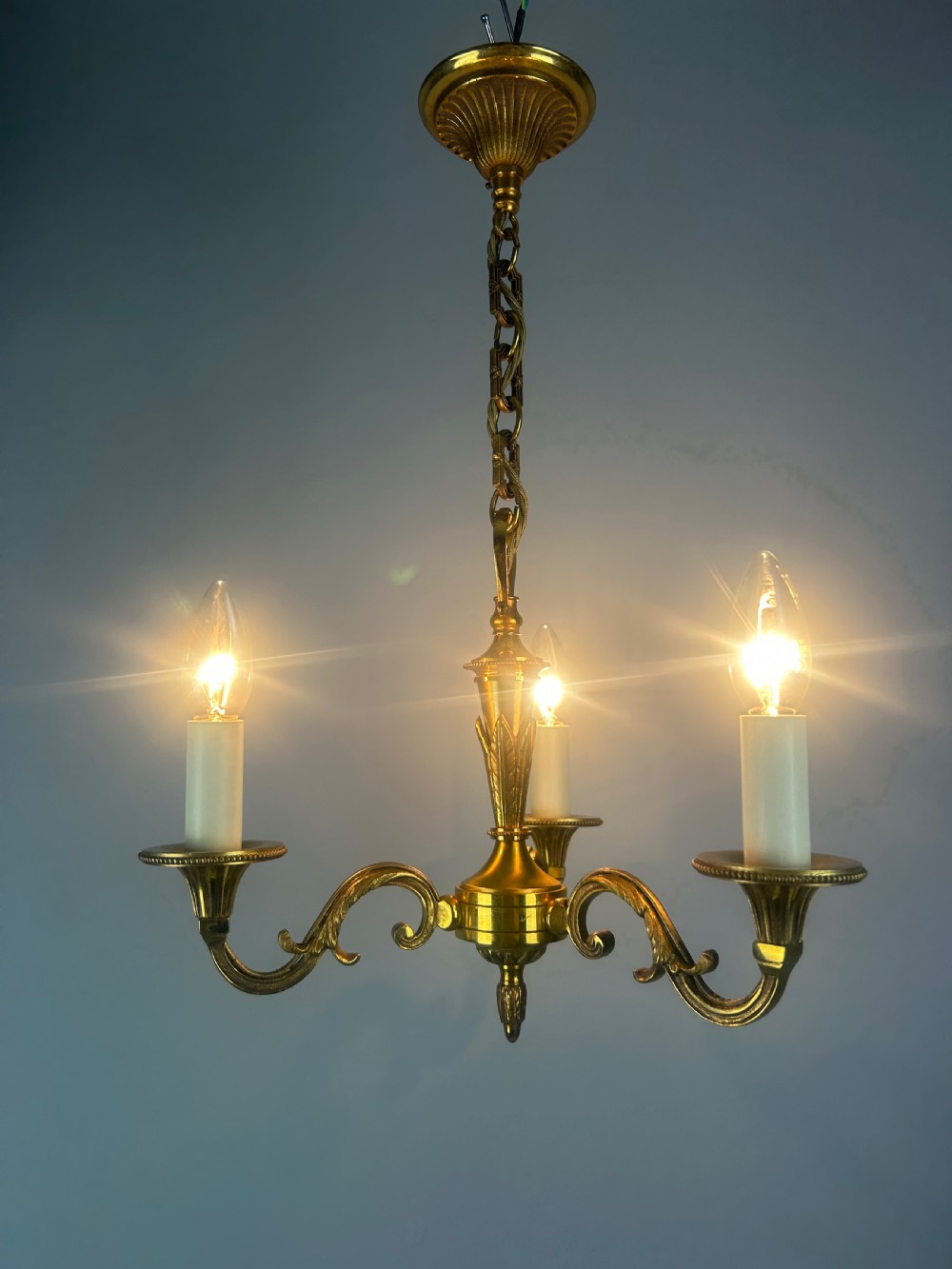 French 3 Light Gilt Brass Chandelier View II