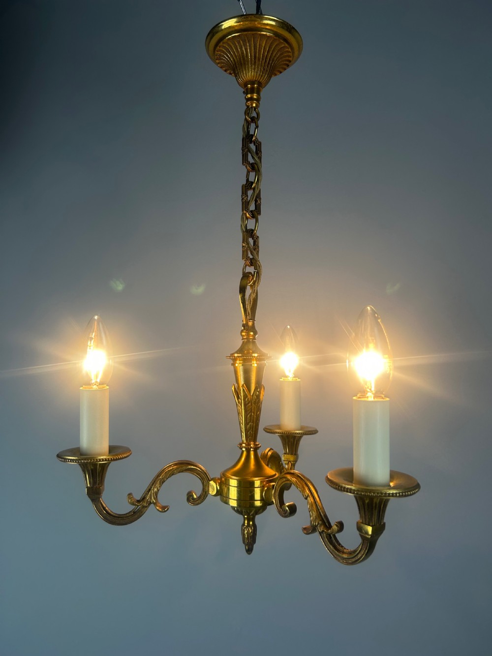 French 3 Light Gilt Brass Chandelier View III