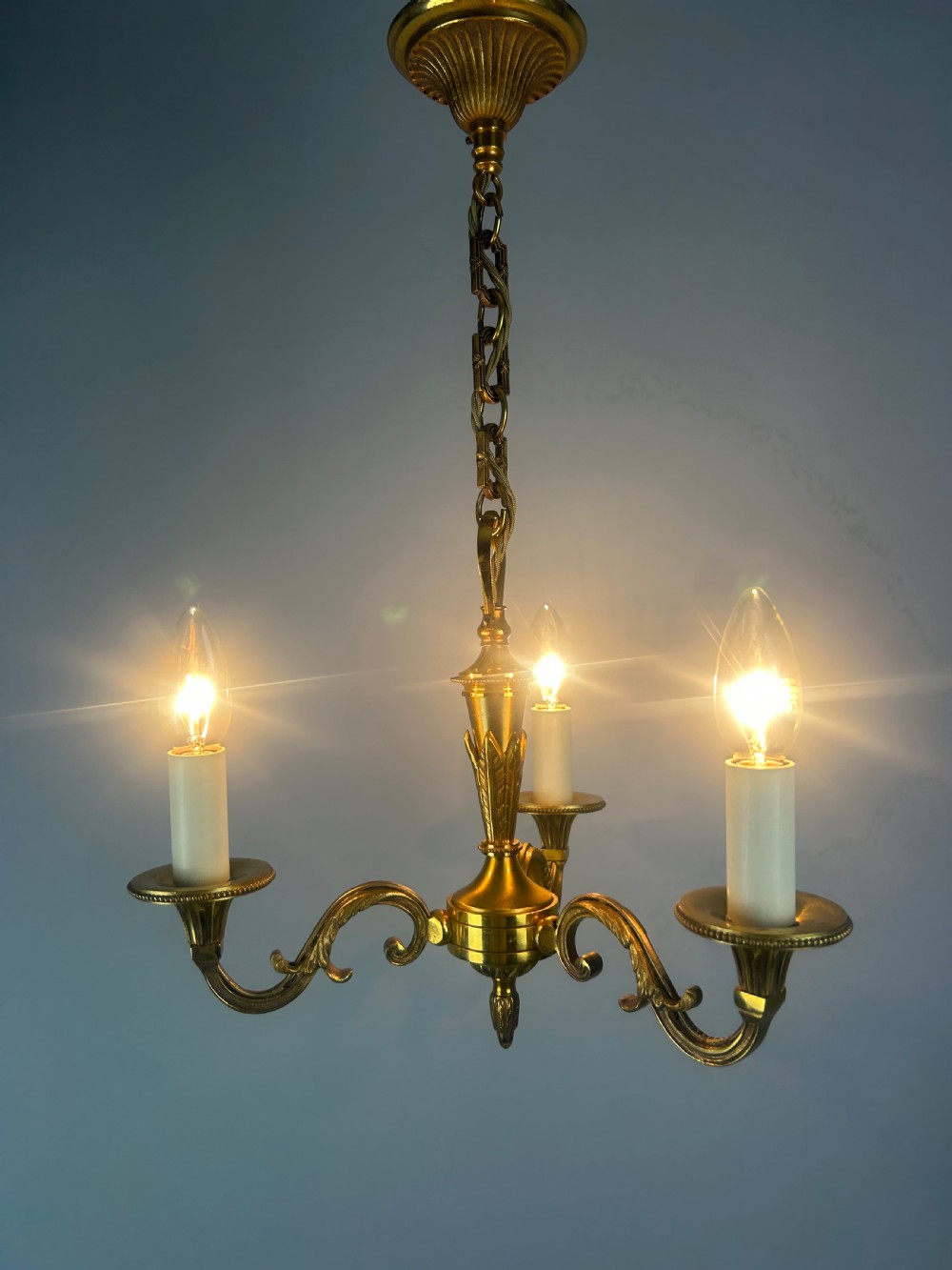 French 3 Light Gilt Brass Chandelier View IV