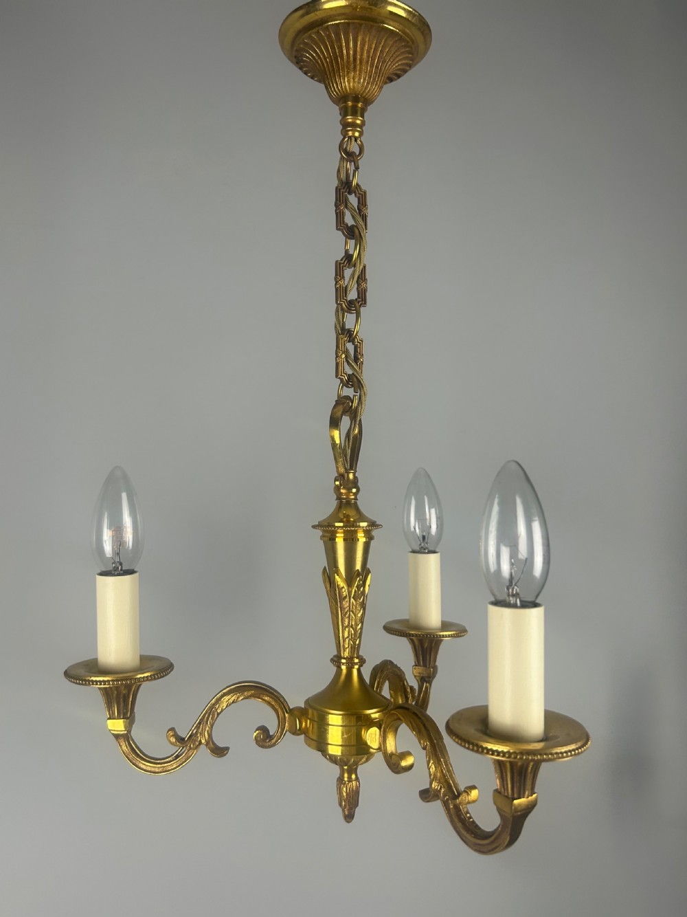 French 3 Light Gilt Brass Chandelier View V