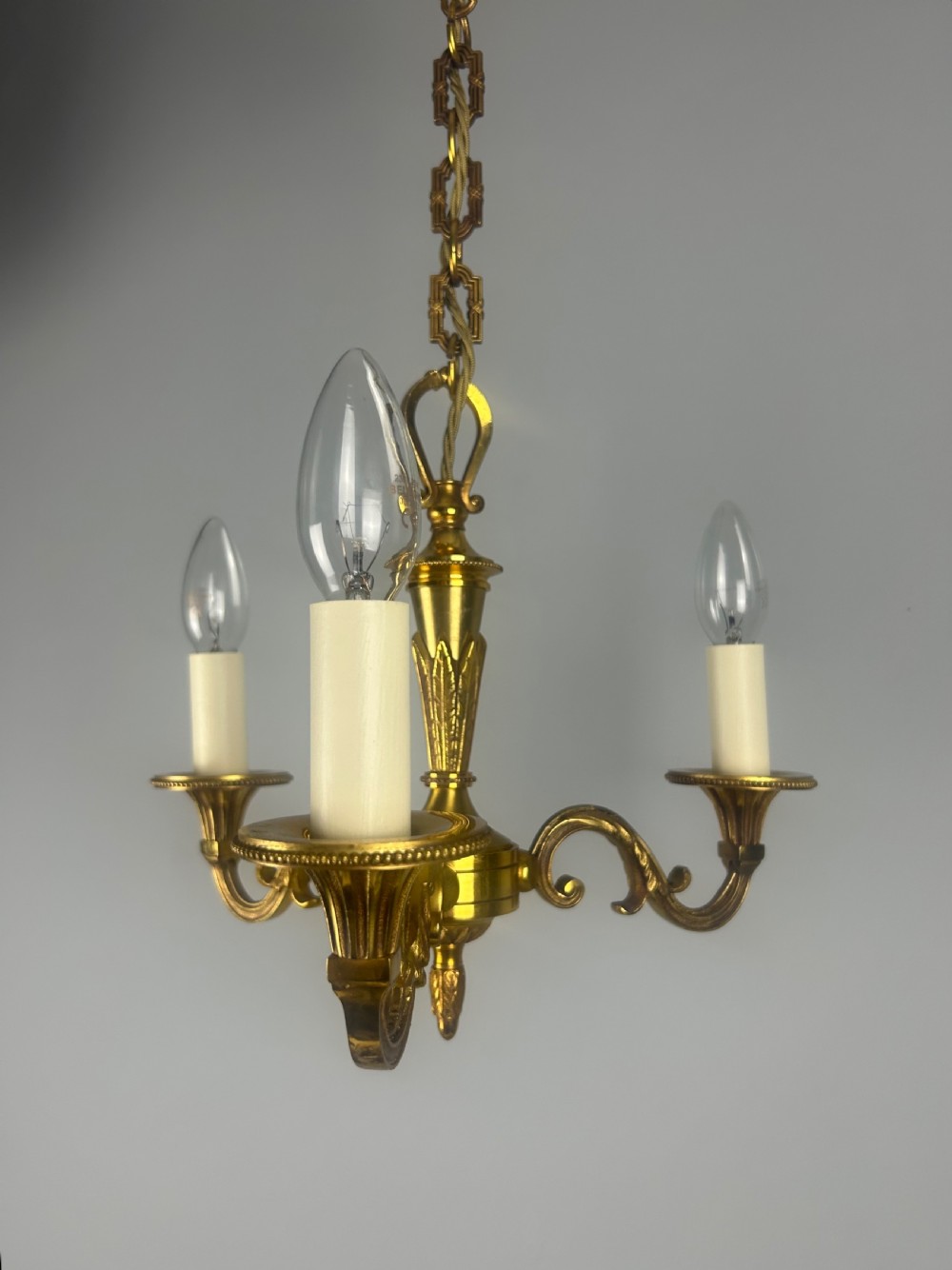 French 3 Light Gilt Brass Chandelier View VII