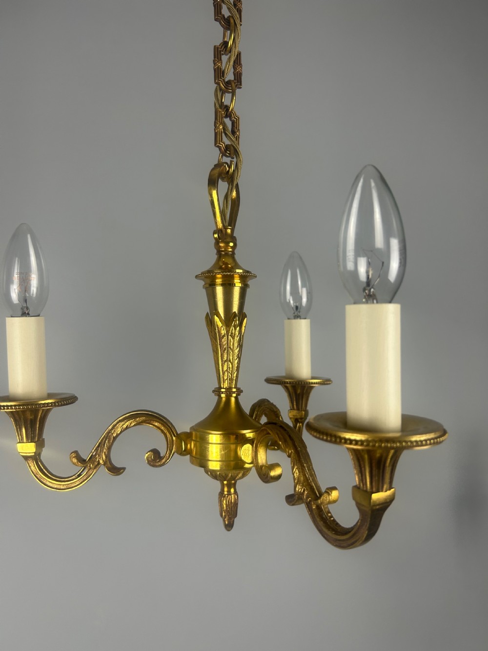 French 3 Light Gilt Brass Chandelier View VIII