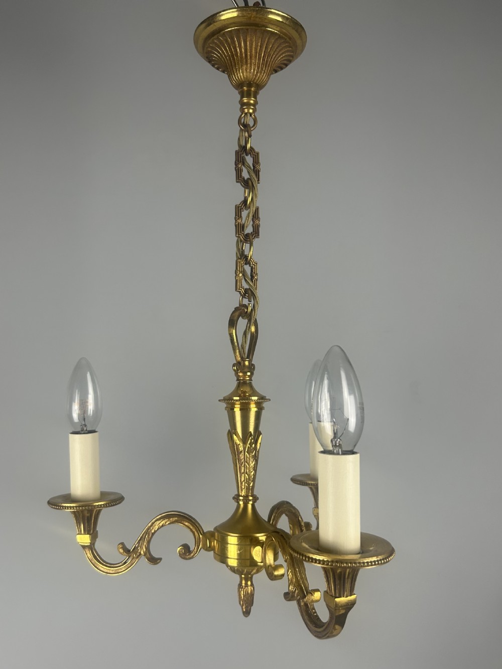 French 3 Light Gilt Brass Chandelier View IX