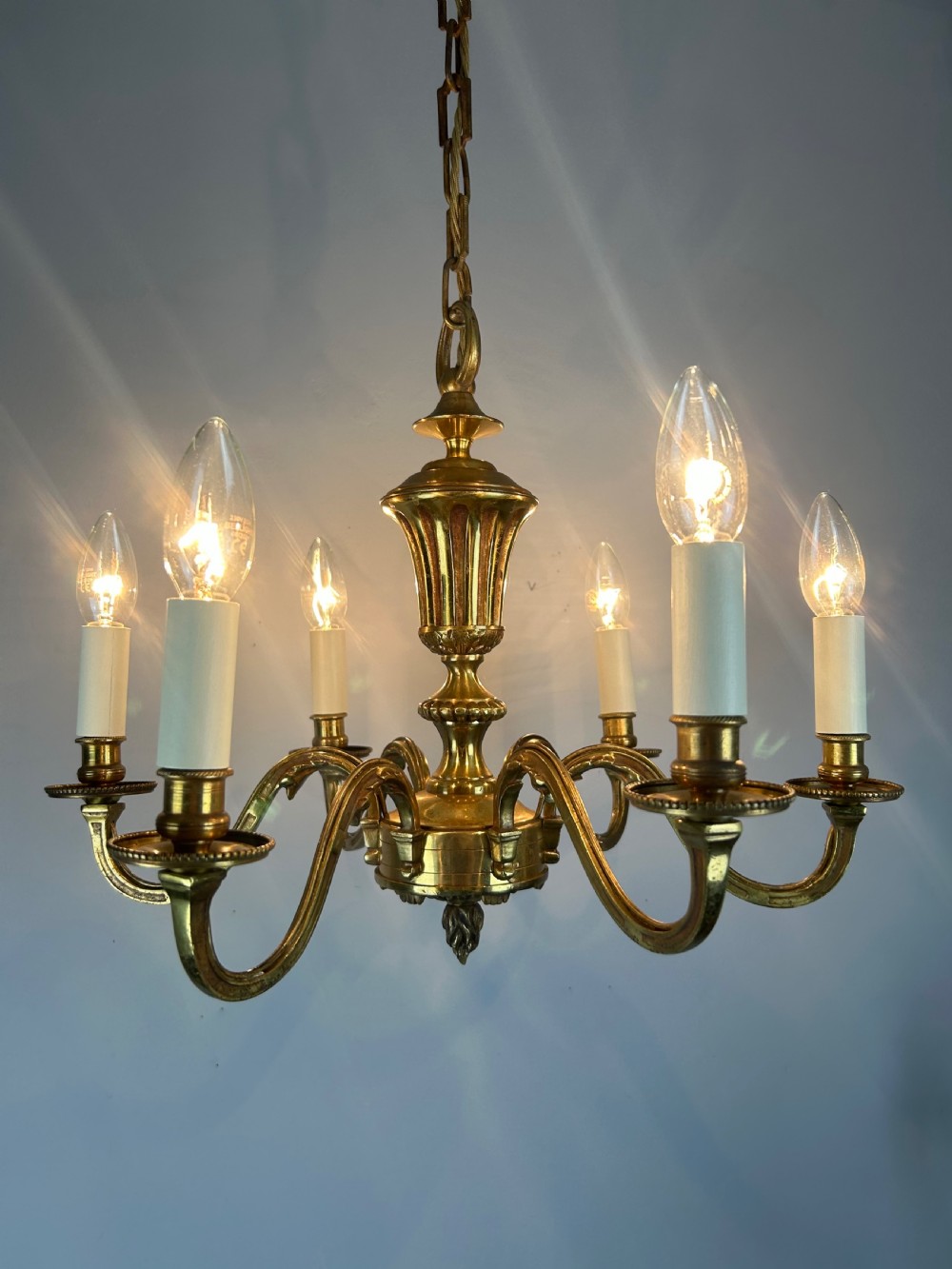 French Gilded Brass 6 Light Antique Chandelier View VI