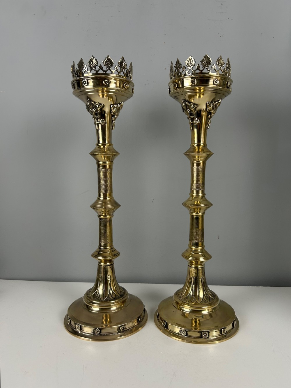 Pair Of French Polished Brass Church Pricket Candlesticks, C1900