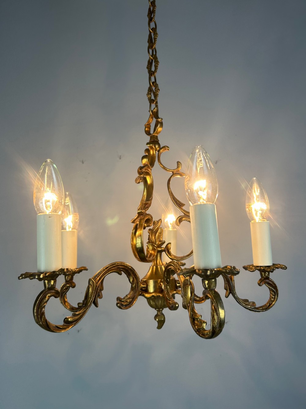 French Gilt Brass 5 Light Chandelier, Ceiling Light View II