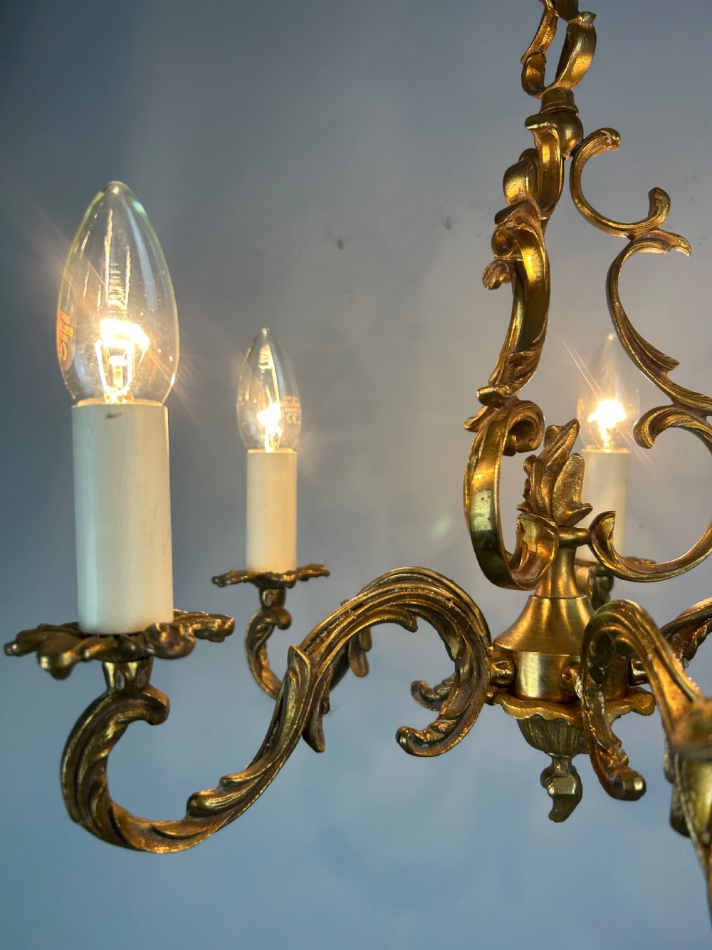 French Gilt Brass 5 Light Chandelier, Ceiling Light View III