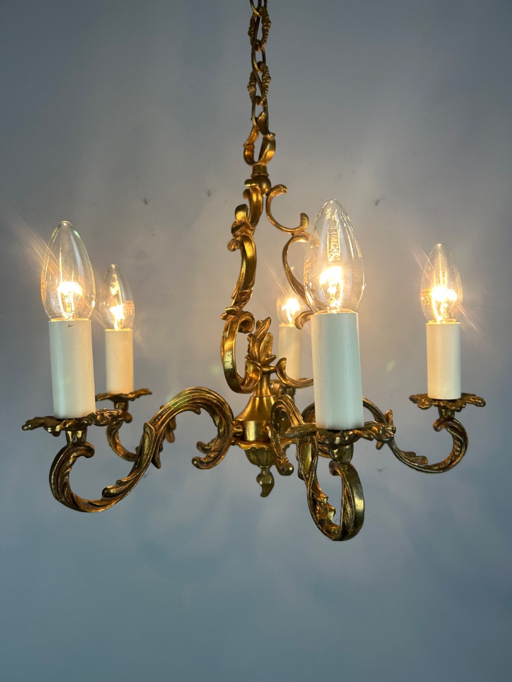 French Gilt Brass 5 Light Chandelier, Ceiling Light View V