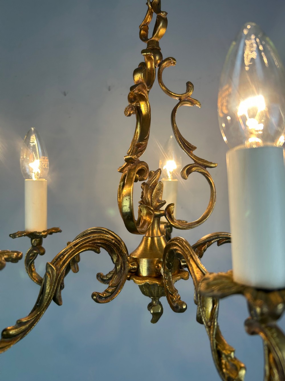 French Gilt Brass 5 Light Chandelier, Ceiling Light View VI