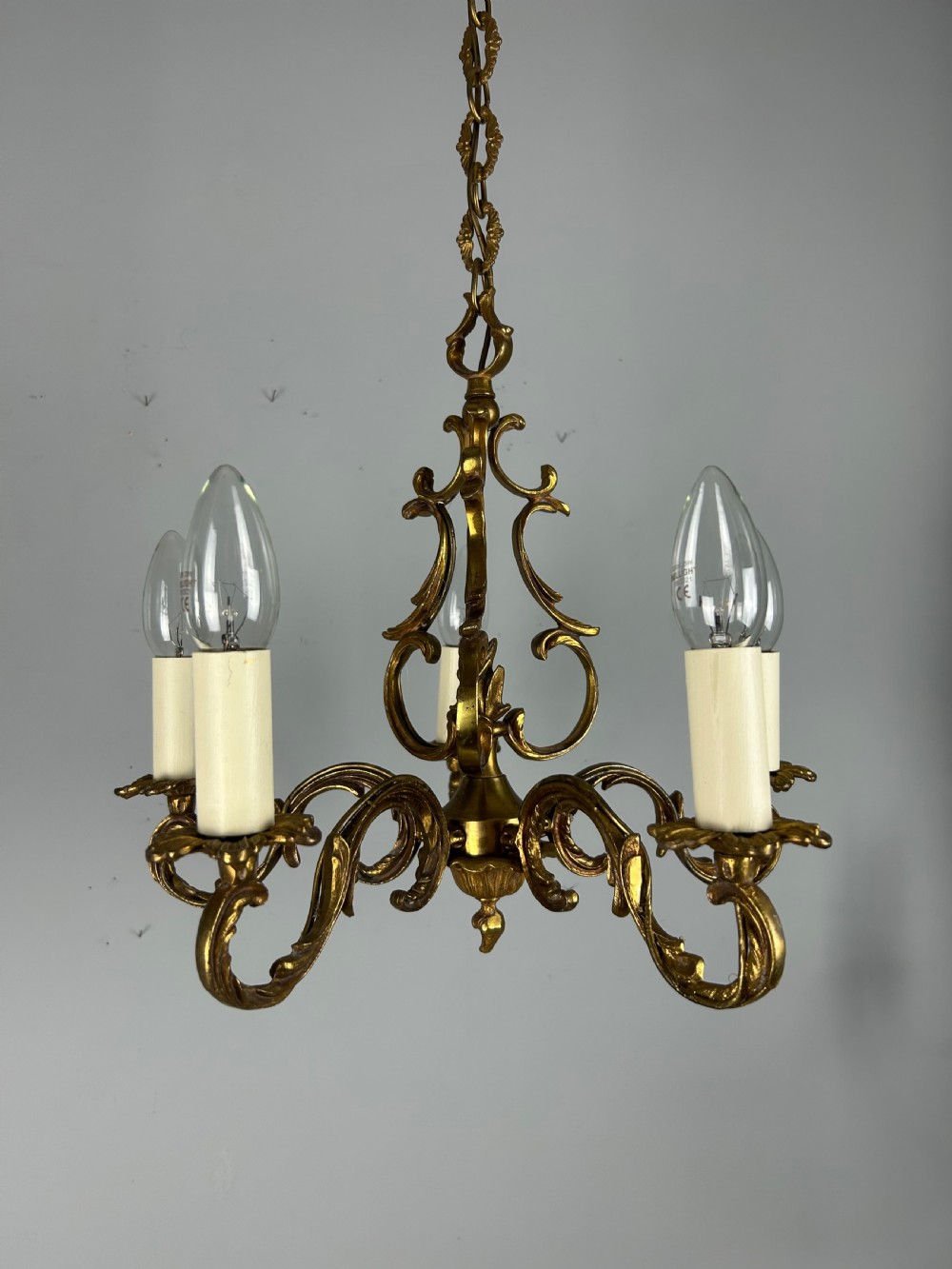 French Gilt Brass 5 Light Chandelier, Ceiling Light View VII