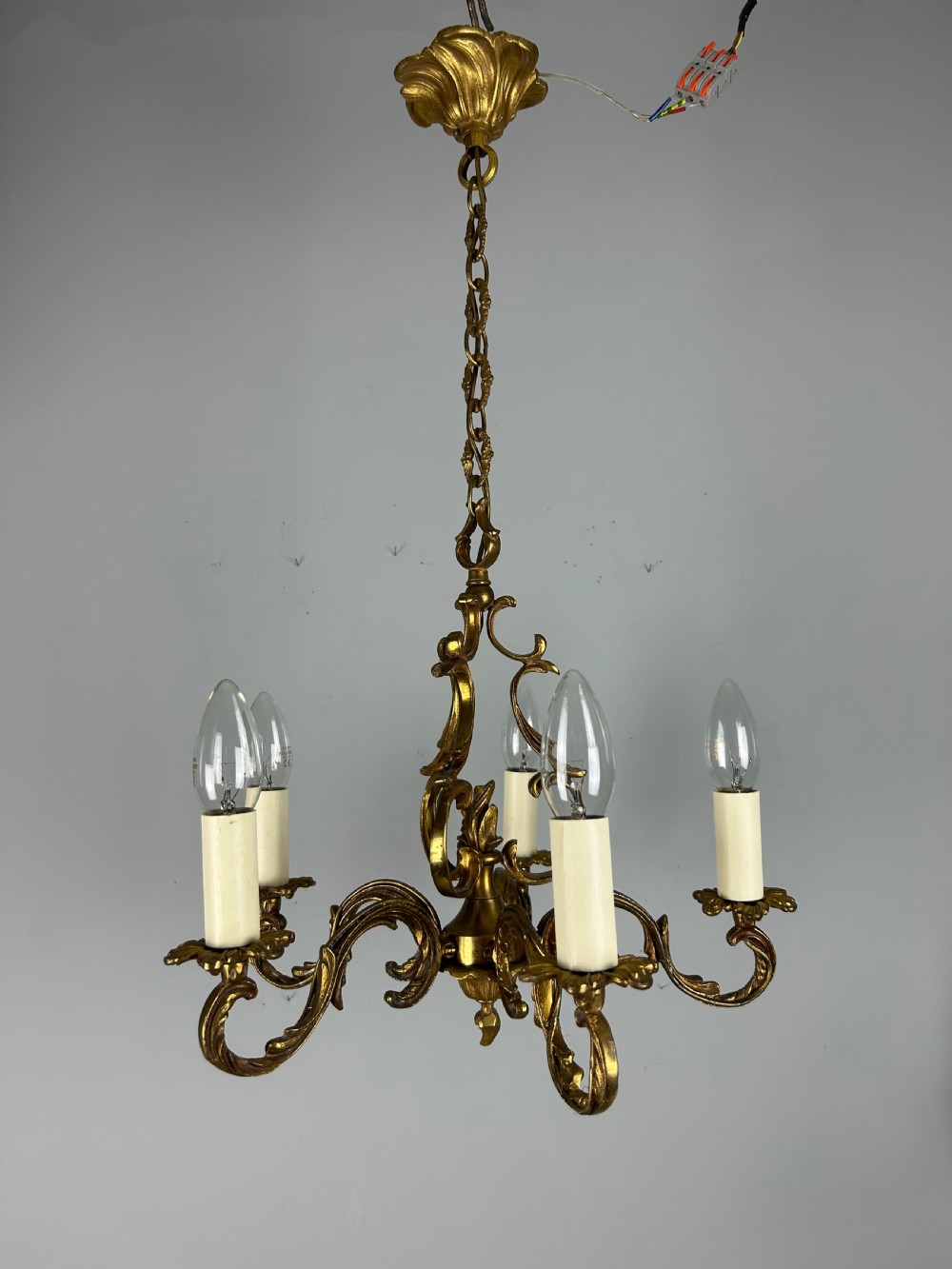 French Gilt Brass 5 Light Chandelier, Ceiling Light View IX