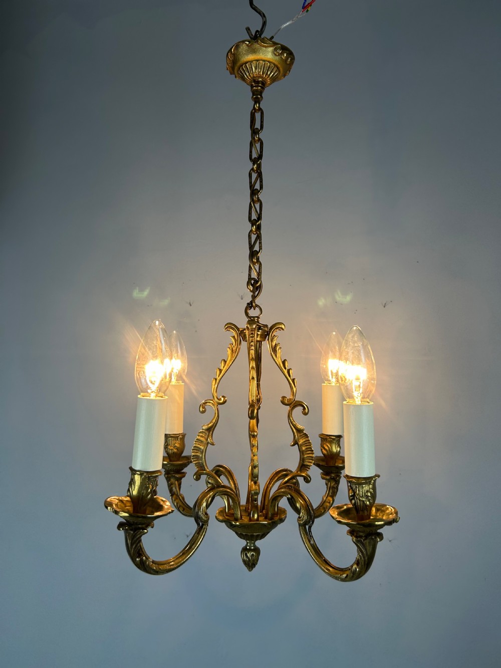 Small French Gilt Brass 4 Light Chandelier, Ceiling Light View II