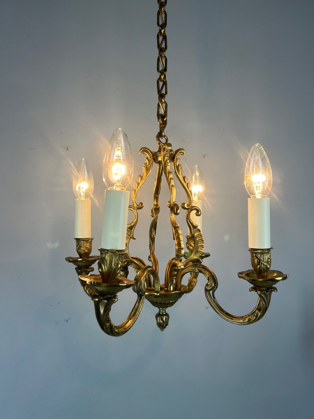 Small French Gilt Brass 4 Light Chandelier, Ceiling Light View IV